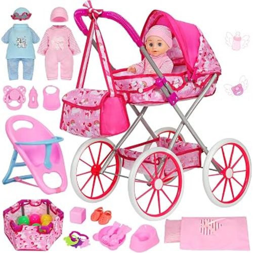 DRAMATION Baby Doll Stroller Set for Girls Toddlers 3-5 4-6, Baby Doll Set with 11'' Doll, Foldable Unicorn Doll Stroller, Playpen, Dining Chair and 24 PCS Baby Doll Accessories, Baby Stroller Toy
