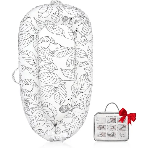 Baby Lounger - Baby Lounger for Newborn, Breathable & Soft Baby Nest Cover Co Sleeper for Baby 0-24 Months, Babies Essentials Gifts, Portable Infant Lounger-White Leaves