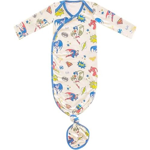 Copper Pearl Baby Gown - Knotted Newborn Sleepers for Baby Boy and Girl, Soft Stretchy Long Sleeve Infant Gowns with Bottom Tie and Hand Mittens, Perfect Hospital Coming Home Outfit (Justice League)