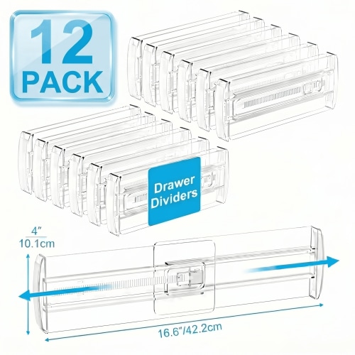 12 Pack Adjustable Drawer Dividers for Clothes, 4" High Expandable from 10.2"-16.6" Clear Bedroom Dresser Drawer Organizer