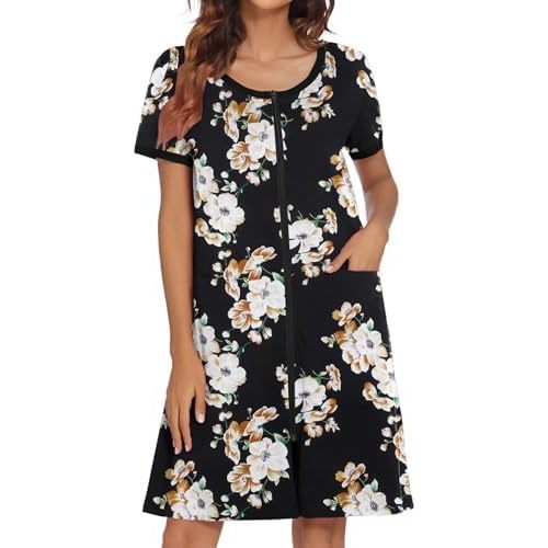 Ekouaer Women Zipper Front House Coat Short Sleeves Robe Zip Up Bathrobes Short Nightgown with Pockets S-3XL