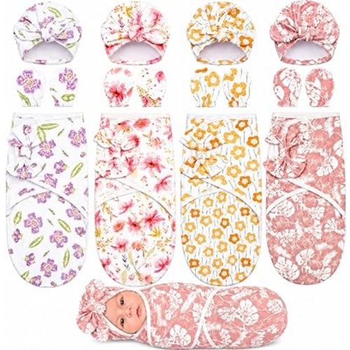 Ramede 4 Sets Preemie Swaddle Blanket with Hats Mittens, Floral Style
