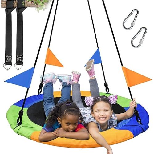 40 Inch Saucer Tree Swing Flying 600lb Weight Capacity 2 Added Hanging Straps Adjustable Multi-Strand Ropes Colorful Safe and Durable Swing Seat for Children