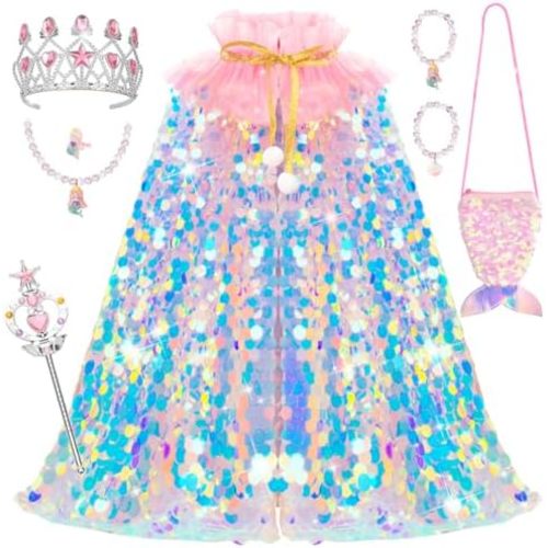 Meland Princess Dress Up for Girls 3-8, 11Pcs Mermaid Cape with Crown, Dress Up Clothes Birthday Gift Toys for Girls Toddlers