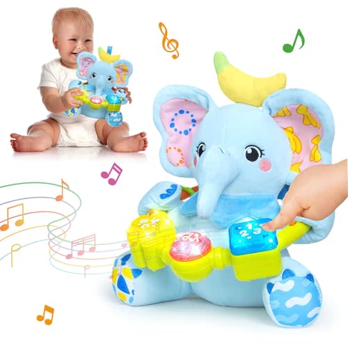 Ryotagift Baby Bilingual Musical Elephant Stuffed Animals Toys,Infant Early Learning Toy with Light-Up Music & Crinkle,Tummy Time Toys for 0 3 6 9 12+ Months for Baby Boy Girl Gift,Blue