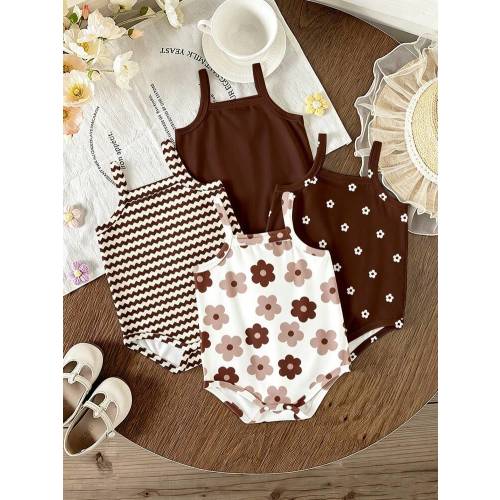 Souflis Souflis 4pcs Newborn Baby Girl Vacation Cute Floral & Striped Print Romper, Soft & Comfortable Daily Wear Sleeveless Jumpsuit, Summer Outfits | SHEIN USA