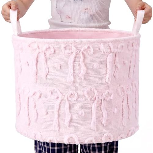 LemonRoad Extra Large Basket 20"x14", Woven Basket for Laundry Blanket Toy Box with Handle Storage, Blanket Storage for Living Room Nursery Pillows Chest(Pv Plush,Bow,Pink)