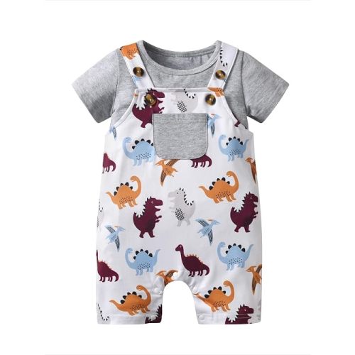 Infant Baby Boy Summer Clothes Short Sleeve Solid Color T-Shirt Cartoon Dinosaur Print Suspender Shorts Outfit Set