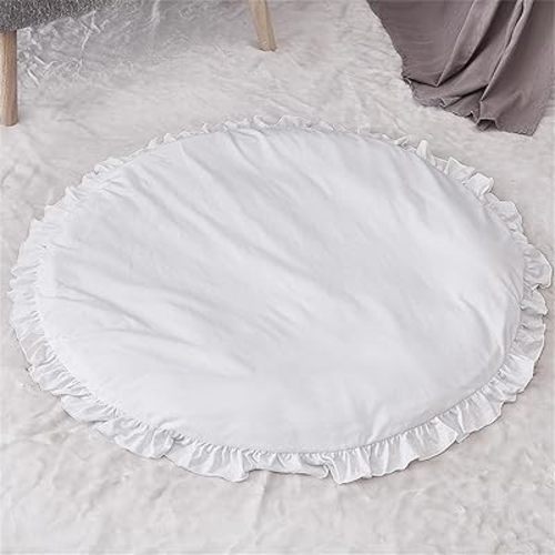 Soft Cotton Baby Rug White Baby Round Play Rug for Floor Washbale Crawling Mats Ruffled Tummy Time Mat Nursery Rug for Kids Children Toddlers White