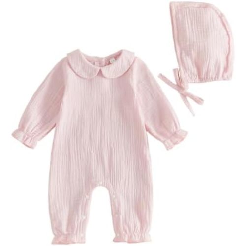 Newborn Coming Home Outfit Girl Baby Muslin Romper with Hat Hospital Set