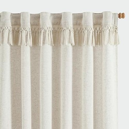 jinchan Boho Curtains 84 Inch Long 2 Panels, Linen Blend Farmhouse Drapes With Tassels for Bedroom Living Room, Light Filtering Cottage Core Curtian, W50 x L63 with Rod Pocket & Back Tab, Beige (Ecru)