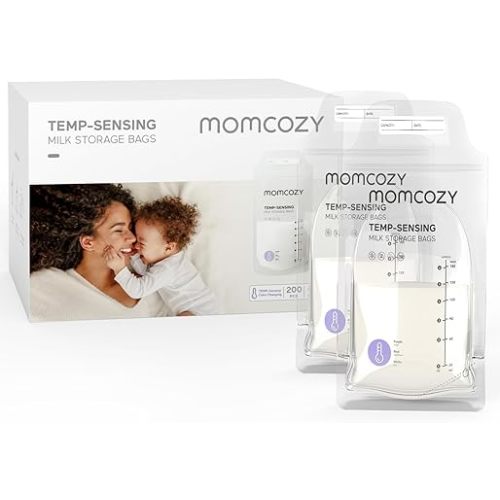 Momcozy Breastmilk Storage Bags, Temp-Sensing Discoloration Milk Storing Bags for Breastfeeding, Disposable Milk Storage Bag with 6oz Self Standing, No-Leak Milk Freezer Storage Pouches, 50pcs