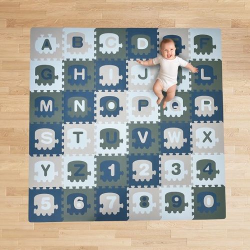 CHILDLIKE BEHAVIOR Baby Play Mat - 72x72-Inch Soft Foam Interlocking Tiles with ABC and Numbers - Educational Activity Mat for Crawling Infants and Toddlers - Waterproof Playmat, Blue, Gray, Turquoise