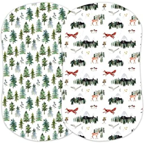 Baby Bassinet Sheets for Boy, Girl (Woodland Forest Animals) 2-Pack - Fitted Bedside Bassinet Sheets - Buttery Soft Cotton Blend for Standard Mattress Pad - Compatible with Halo BassiNest
