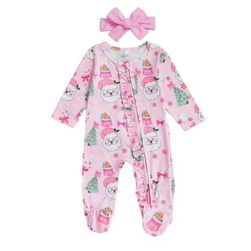 FYDUU Christmas Newborn Baby Girl Footies Romper Ruffle Long Sleeve Sleeper Zip Up Footed Pajamas Jumpsuit And Headband Coming Home Outfits Leisure Sweatsuits
