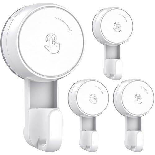 LUXEAR Heavy Duty Waterproof Shower Hooks 4 Pack - Suction Hook, No Drill Damage-Free Removable Reusable Wall Hooks for Bathroom Kitchen Towel Bathrobe Loofah Shower Hooks (Max Load 11LB/5KG)