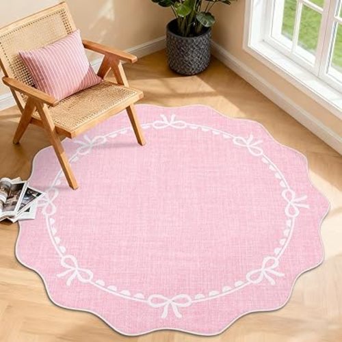 GarveeHome Scalloped Bow Rug for Living Room, 4ft Round Rugs Washable Solid Pink Rug for Dorm Soft Low Pile Non Slip Scalloped Rugs for Nursery Bedroom Decor Kids Room Playroom