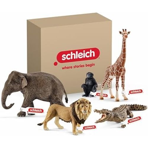 Schleich Wild Life - 5PC African Animal Toy Playset with Lion, Elephant, Monkey, Alligator and Giraffe Figurines - Safari Animal Toys for Boys and Girls - Figures for Toddlers and Kids Ages 3+ | 72286