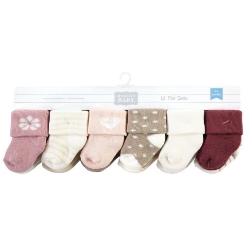Hudson Baby Infant Girl Cotton Rich Newborn and Terry Socks, Blush Heart, 6-12 Months