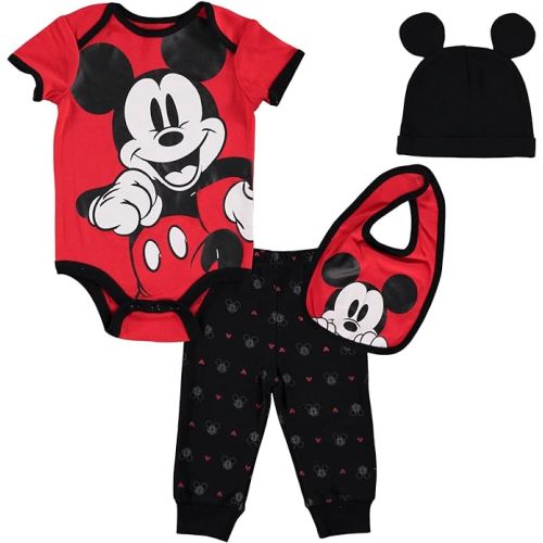 Disney Mickey Mouse 4 Piece Outfit Set: Bodysuit Pants Bib Hat