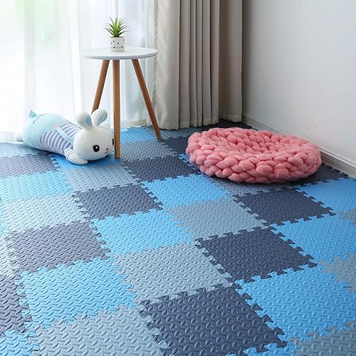 Foam Play Mat for Baby, 0.4 Inch Thick Foam Interlocking Floor Mats, Soft Non-Toxic Baby Playmat, Solid Colored Puzzle Play Mat Kids Floor Mats, 16 Tiles, Dark Blue/Blue/Gray Blue