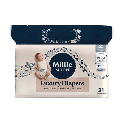 Miilliie Moon Luxury Size 2 Diapers (9–18 lb), CloudTouch™ Ultra-Soft, Hypoallergenic, 31 Count