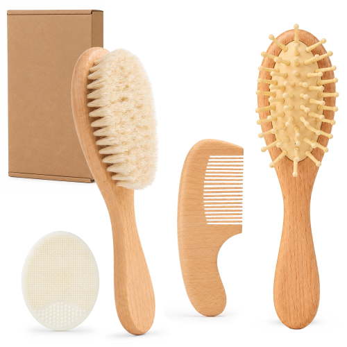 Lictin, Baby Hair Brush and Comb Set, 4Pcs, Wooden with Goat Bristles