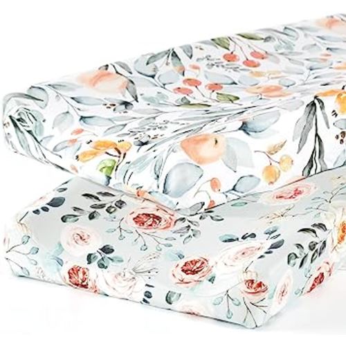 GRSSDER Stretch Ultra Soft Jersey Knit Changing Pad Cover Set 2 Pack, Change Table Pad Covers Fit 32"/34" x 16" Pads Safe and Snug, Stylish Watercolor Flowers and Fruits for Girls