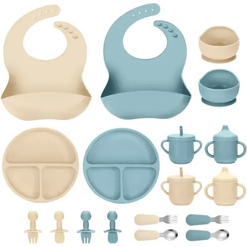 Silicone Baby Feeding Set, 18PCS Baby Led Weaning Supplies, Eating Essentials Utensils with Suction Plate and Bowl, Adjustable Silicone Bib, for 6+ Months (Blue+Beige)