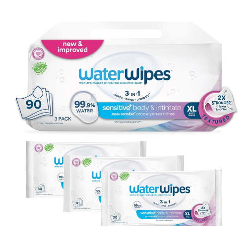 Sensitive+ Body & Intimate Wipes 3-In-1 Cleans Cares Protects 99.9% Water Unscented & Hypoallergenic Hygiene Wet Wipes Adult Care 90 Wipes (3 Packs)