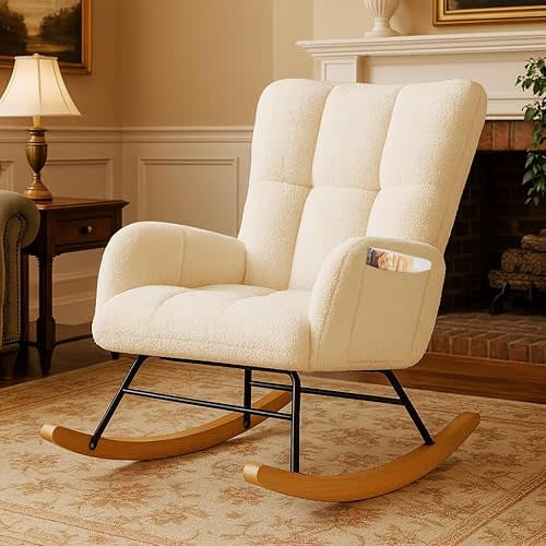 COMHOMA Nursery Rocking Chair, Teddy Upholstered Glider with Side Pockets, Accent Chair with High Backrest Reading Chair for Adult, Nursery, Bedroom, Living Room,Offices(Beige)