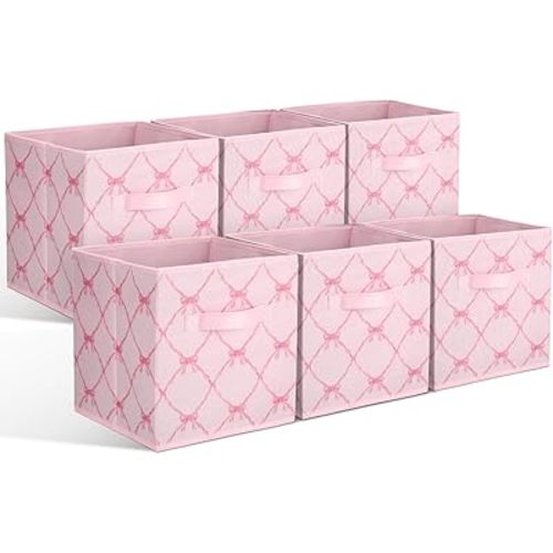 Geelin 6 Pcs Light Pink Bow Cube Storage Bins 11 Inch Storage Basket with Handle, Preppy Girls Organizer Basket, Collapsible Fabric Box for Classroom Bedrooms Office Home Decoration Gift
