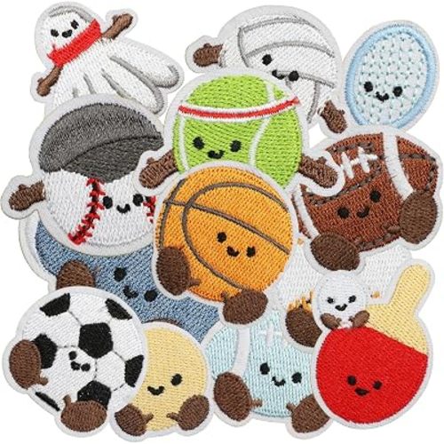 14pcs Cartoon Sport Iron/Sew on Patches, Cute Ball Embroidered Applique, Fashion Decoration for Clothes, Hat, Bag, Dress, Shirt, Jeans