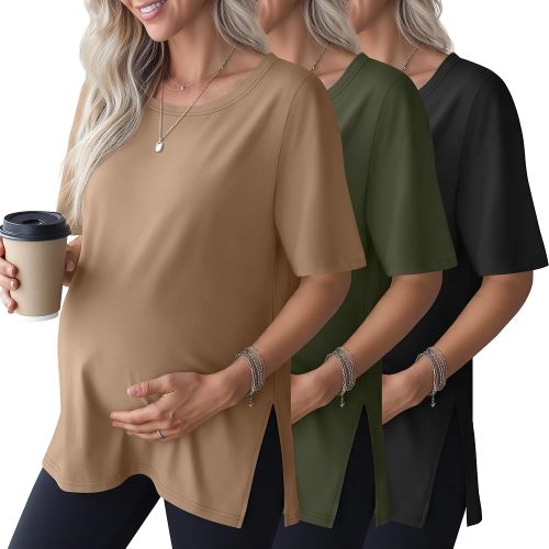 3 Pack Women's Maternity Shirts Short Sleeve Round Neck Side Split Pregnancy Tops Loose Summer Casual Mama Clothes