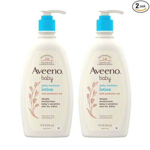 Aveeno Baby Daily Moisture Body Lotion for Sensitive Skin, Hypoallergenic Moisturizing Baby Lotion with Nourishing Oat to Deeply Moisturize Baby's Skin, Fragrance-Free, 18 fl. oz, 2 Pack