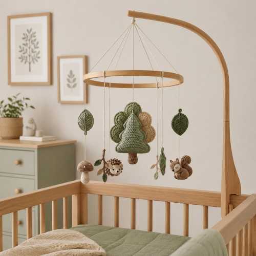 Woodland Crochet Baby Mobile, Forest Nursery Crib Mobile, Handmade Baby Shower Gift, Neutral Nursery Decor