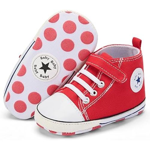 BACSAC Baby Boys Girls Walking Shoes First Newborn Infant Canvas High Top Sneakers with Hook and Loop Breathable Lightweight Non-Slip