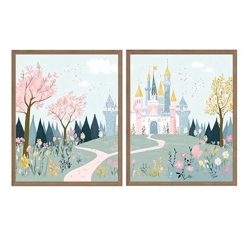 Princess Castle Nursery Decor Art Print Poster - Baby Girl Room Decorations Wall Art Cute, Child Fun Painting for Children Bedroom Bathroom AA19 (Princess Castle, 11 x 14 inches (2 Panels), Wood Frame)
