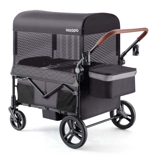 HARPPA Foldable Wagon Stroller for 4 Kids with 5-Point Harness, Canopy, Gray