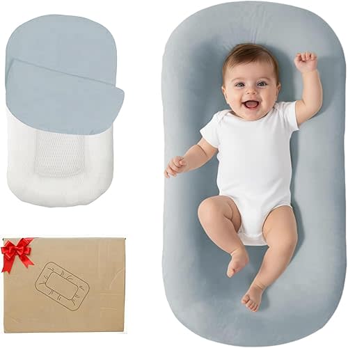Lucakuins Baby Lounger, Bionic Design Baby Lounger for Newborn 0-24 Months, Soft Organic Cotton Breathable Lounger for Infants (Grayish Blue)
