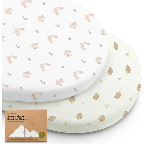2-Pack Organic Bassinet Sheets for Girls, Boys - 100% Cotton Bassinet Mattress Sheets Compatible with Halo Bassinest Swivel Sleeper, Graco, Baby Delight, Chicco, Fitted Bassinet Sheets (Nibble/Bruce)