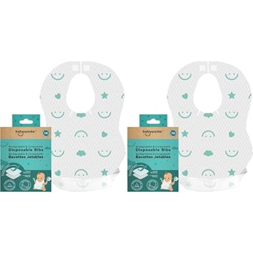 Baby Works Disposable Bibs with Crumb Catcher, 20 Count - Biodegradable and Compostable Baby Bibs - Quilted and Leak-Proof (Pack of 2)