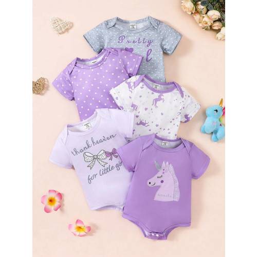 SHEIN Playful Pals 5pcs Newborn Baby Girls Floral Printed Bodysuits Summer Outfits | SHEIN USA