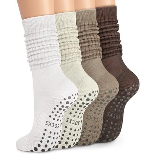 YSense 4 Pairs Pilates Socks with Grips for Women Non Slip Long Slouch Socks Yoga Grippy Sock Slouchy Barre Hospital Slipper