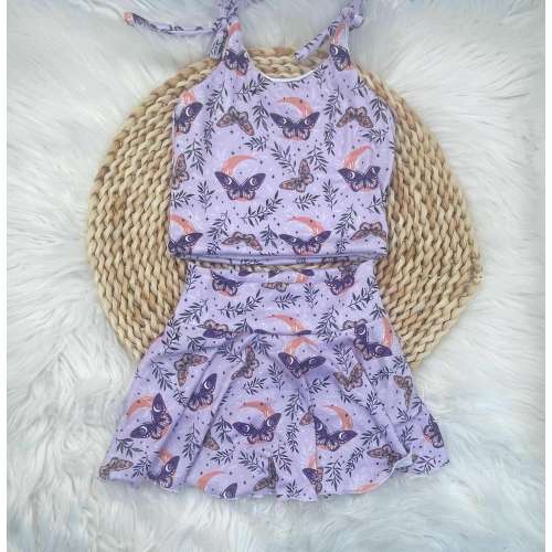 Lavender Celestial Two-Piece Kids Set, Butterfly and Moon Toddler Skirt Outfit, Whimsical Boho Kids Clothing, Cottagecore Summer Set