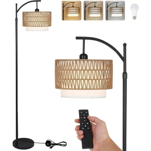 Arc Floor Lamp for Living Room with 3 Color Temperatures, Farmhouse Floor Lamps with Remote & Dimmable Bulb, Boho Standing Lamp with Rattan & Fabric Shades, Adjustable Tall Lamp for Bedroom, Office
