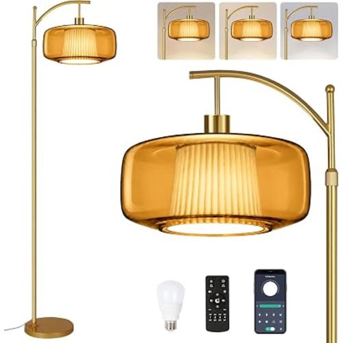 Vintage Floor Lamp For Living Room,Gold Remote Dimmable Standing Lamps With Amber Glass&Pleated Fabric Shade,Arc MCM Tall Floor Light For Bedroom,Office,Boho Farmhouse Mid Century Modern Decor