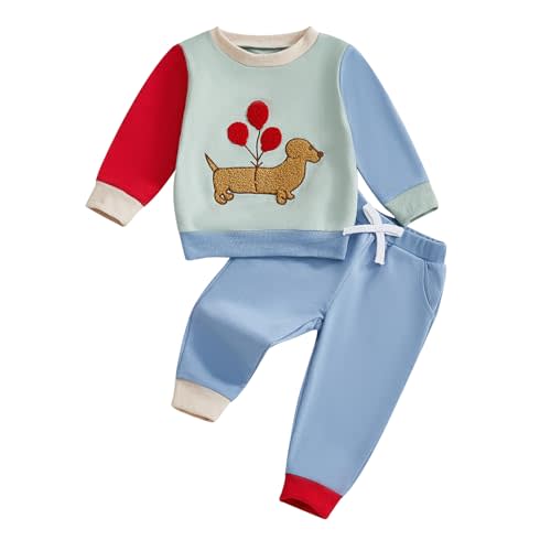 Liyabanna Baby Boy Color Block Outfit Dachshund Dog Balloon Embroidery Sweatshirt Top Pants Set Cute Fall Winter Clothes 2Pcs