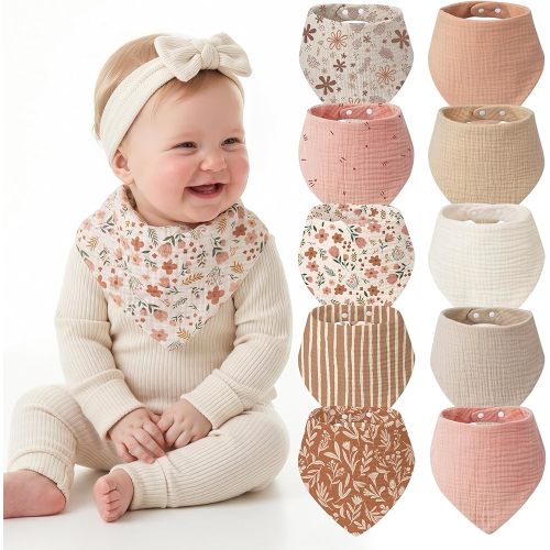 Tunnkit Muslin Baby Bibs, 10 Pack Triangular Bibs for Girls and Boys, Extra Absorbent Baby Bandana Drool Bibs for Newborn and Infants, Baby Essentials for Teething and Drooling