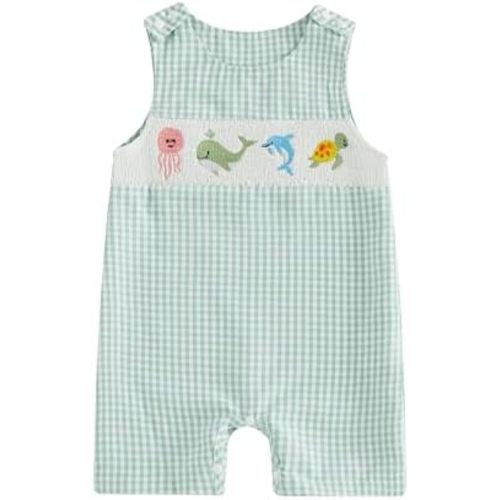 PUHHAPIEY Baby Boy Summer Clothes Sleeveless Embroidery Fishing Gingham Romper Jumpsuit Retro Smocked Shortall